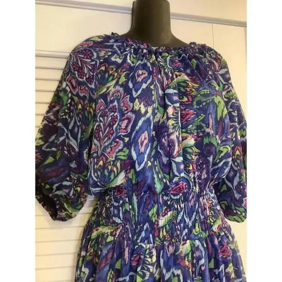 Yakira Bella Tiered Print Dress XL Multicolor Blue Print Flowy Boho - Picture 2 of 4